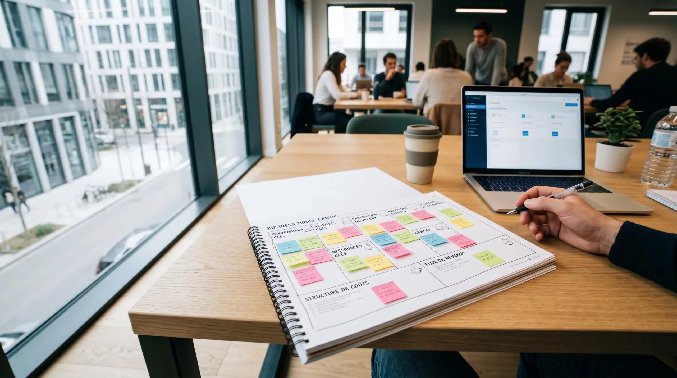 Bureau de travail moderne avec carnet ouvert montrant un croquis de business model canvas et des Post-it organisés en trois colonnes thématiques