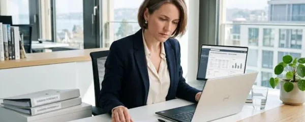 Responsable RH dans un bureau contemporain suisse consultant des documents de paie et contrats de travail sur son bureau, avec ordinateur portable affichant interface de gestion RH