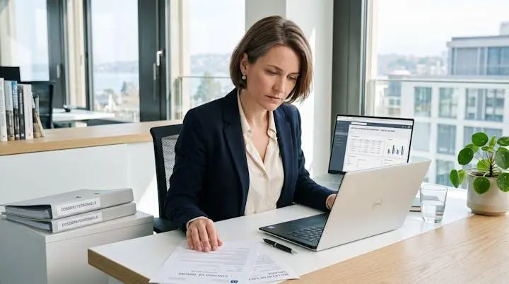 Responsable RH dans un bureau contemporain suisse consultant des documents de paie et contrats de travail sur son bureau, avec ordinateur portable affichant interface de gestion RH
