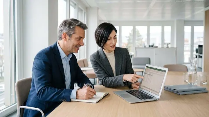 Réunion de conseil RH entre un consultant spécialisé et une dirigeante de PME suisse, consultation d'un tableau comparatif sur ordinateur portable