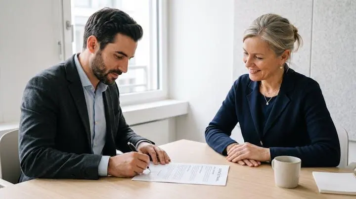 Signature d'un contrat de travail entre un nouveau collaborateur et une responsable RH dans un bureau suisse contemporain